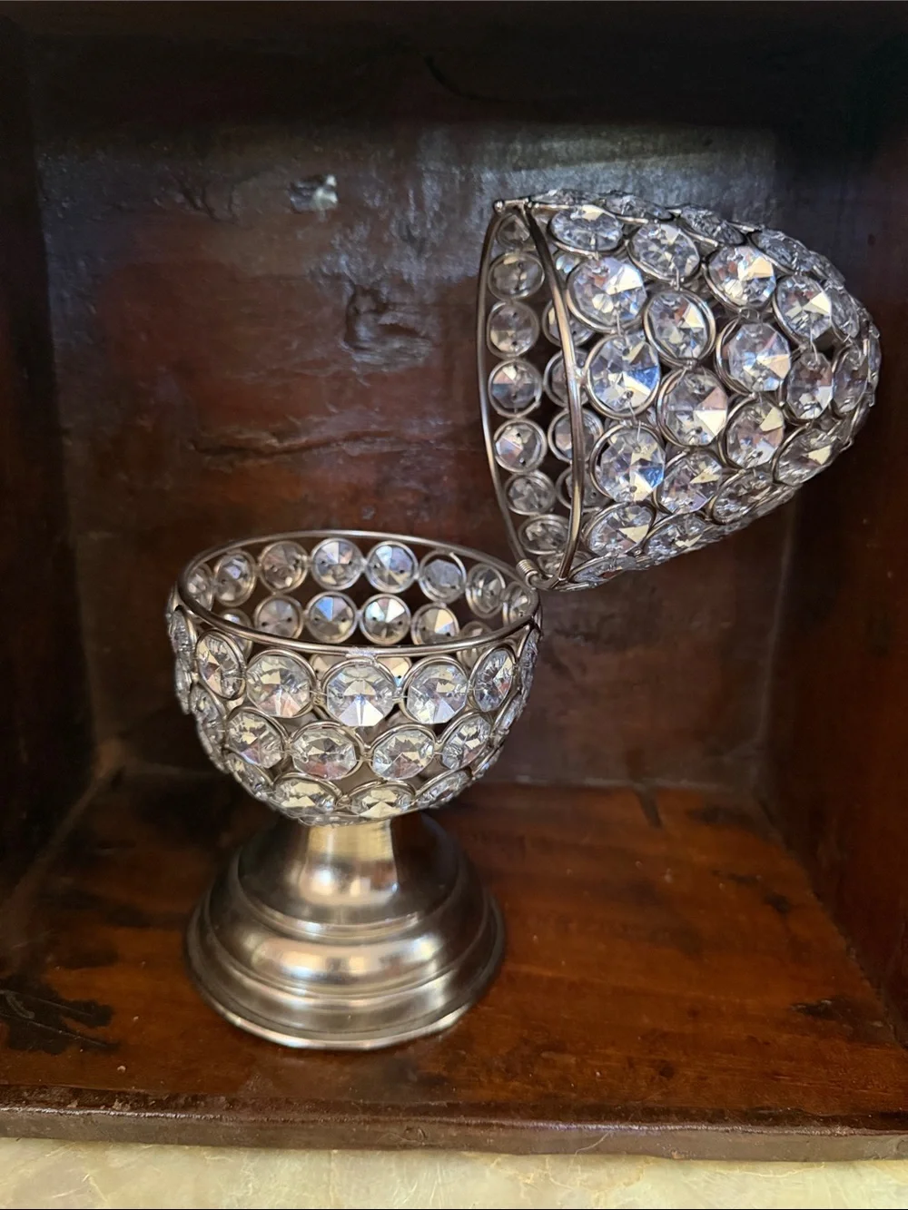 Vintage Boho Crystal Accent Egg shaped candle holder or decor accent, opens up